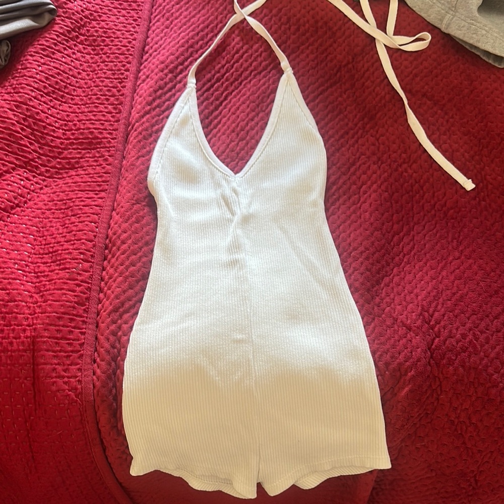 Zara White Halter Jumpsuit with Plunging V-neckline